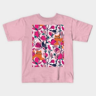 Hello Spring! // pattern // pastel pink background orange tabby cat fuchsia pink Magnolia full bloom navy blue branches birds and lines Kids T-Shirt